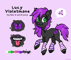 Size: 2500x2100 | Tagged: safe, artist:sokoistrying, derpibooru import, oc, oc:lucy violetmane, unofficial characters only, earth pony, pony, black fur, butt, clothes, color palette, cute, cutie mark, emoji, femboy, green eyes, hooves, image, male, mouth, open mouth, pink background, plot, png, purple mane, purple tail, simple background, smiling, socks, solo, solo male, stallion, striped socks, tail, text