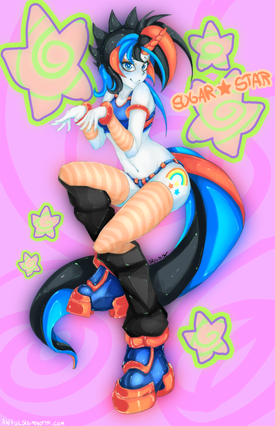 Size: 712x1100 | Tagged: safe, artist:slugbox, derpibooru import, oc, oc:sugar star, unofficial characters only, anthro, unicorn, belly button, g4, horn, image, png, solo, unicorn oc