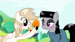 Size: 1280x720 | Tagged: safe, derpibooru import, edit, edited screencap, screencap, oc, oc:ender fern, oc:parchy, unofficial characters only, earth pony, pegasus, pony, friendship is magic, ao3 logo, archive of our own, black hair, brown eyes, cutie mark, ender fern (oc), female, females only, friends oc, g4, happy, image, lesbian, not shown tho, oc x oc, parappa the rapper, parchy (oc), png, purple eyes, shipping, tan hair