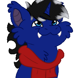 Size: 600x600 | Tagged: safe, artist:euspuche, derpibooru import, oc, oc:night reader, bat pony, hybrid, unicorn, animated, bat pony oc, bat wings, cheek fluff, clothes, commission, cute, fangs, gif, horn, image, meme, pop cat, scarf, simple background, solo, transparent background, wings, ych result