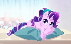 Size: 1200x750 | Tagged: safe, artist:riouku, derpibooru import, starlight glimmer, crystal pony, pony, blushing, image, looking at you, png, resting, solo