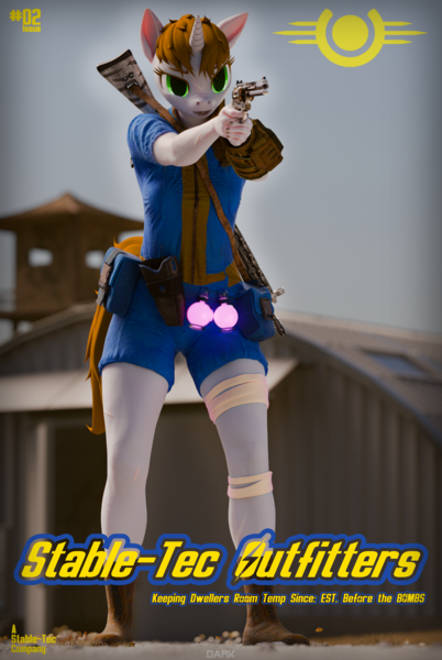 Size: 3353x5000 | Tagged: safe, artist:dark-fic, derpibooru import, oc, oc:littlepip, unofficial characters only, anthro, unicorn, fallout equestria, 3d, bandage, bandaged leg, belt, blender, blender cycles, boots, clothes, gun, handgun, holster, horn, image, jumpsuit, legs, little macintosh, magazine cover, pipbuck, png, potion, revolver, rifle, scar, shoes, solo, utility belt, vault suit, weapon