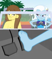 Size: 1920x2160 | Tagged: suggestive, artist:grapefruit-face, derpibooru import, trixie, oc, oc:grapefruit face, equestria girls, canon x oc, car, clothes, comic, dune buggy, duo, feet, fetish, foot fetish, foot focus, g4, image, palm tree, partial nudity, pedal, png, ship:grapexie, swimsuit, topless, tree