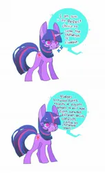 Size: 1134x1869 | Tagged: safe, artist:cutesykill, derpibooru import, part of a set, twilight sparkle, pony, unicorn, 2 panel comic, alternate eye color, beanbrows, big ears, colored eyelashes, colored pinnae, comic, concave belly, dialogue, emanata, eyebrows, female, frown, g4, horn, image, implied princess celestia, jpeg, mare, multicolored mane, multicolored tail, pink eyes, purple mane, purple tail, simple background, smiling, solo, sparkles, speech bubble, standing, tail, talking, unicorn twilight, white background, wingding eyes