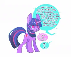 Size: 1134x935 | Tagged: safe, artist:cutesykill, derpibooru import, part of a set, twilight sparkle, pony, unicorn, alternate eye color, beanbrows, big ears, colored eyelashes, colored pinnae, concave belly, dialogue, eyebrows, female, frown, g4, horn, image, implied princess celestia, jpeg, mare, multicolored mane, multicolored tail, nervous, pink eyes, purple mane, purple tail, shrunken pupils, simple background, solo, speech bubble, standing, sweat, sweatdrop, sweating profusely, tail, talking, unicorn twilight, white background, wingding eyes