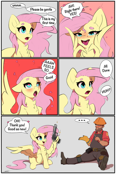 Size: 3000x4500 | Tagged: suggestive, artist:skitsniga, derpibooru import, fluttershy, human, pegasus, pony, ..., ahegao, bait and switch, beanbrows, bedroom eyes, blush lines, blushing, comic, dialogue, drool, duo, duo male and female, engineer, eyebrows, female, gun, handgun, heart, heart eyes, high res, human male, image, implied sex, male, mare, open mouth, pistol, png, sitting, speech bubble, spread wings, team fortress 2, tongue out, weapon, wing hold, wingding eyes, wings