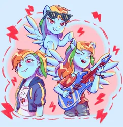 Size: 1000x1035 | Tagged: safe, artist:cally_fox, artist:f0xy1212, derpibooru import, rainbow dash, human, pegasus, pony, equestria girls, clothes, ear piercing, earring, electric guitar, female, g4, guitar, hoodie, human ponidox, image, jewelry, jpeg, musical instrument, piercing, ponied up, ponytail, self paradox, self ponidox, shirt, shorts, sunglasses, t-shirt, triality