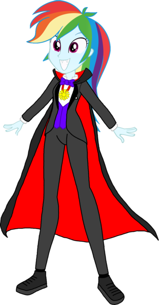 Size: 828x1580 | Tagged: safe, artist:invisibleink, derpibooru import, rainbow dash, undead, vampire, equestria girls, cape, clothes, fangs, female, g4, halloween, holiday, image, jewelry, monster, necklace, pants, png, sharp teeth, shoes, simple background, solo, suit, teeth, transparent background, vest