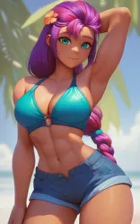 Size: 640x1024 | Tagged: suggestive, ai content, derpibooru import, editor:sammykun, machine learning generated, stable diffusion, sunny starscout, human, equestria girls, g5, my little pony: a new generation, abs, actress, adorasexy, arm behind head, armpit odor, armpits, beach, beautiful, beautiful eyes, beautisexy, belly button, bestie, big breasts, bikini, bikini top, body odor, bra, braid, braided ponytail, breasts, busty sunny starscout, cleavage, cute, cyan eyes, denim, denim shorts, enjoying, female, flower, flower in hair, g5 to equestria girls, generator:pony diffusion v6 xl, generator:purplesmart.ai, hair tie, hand in hair, hand on leg, holiday, hot, humanized, image, inviting, legs, looking at you, midriff, muscles, muscular female, palm tree, png, ponytail, pose, prompter:sammykun, reasonably shaped breasts, reasonably sized breasts, sexy, shorts, smelly armpits, smiling, smiling at you, solo, solo female, stupid sexy sunny starscout, sultry, sultry pose, sunbathing, tan skin, tanned, teenage girl, teenage sunny starscout, teenager, thighs, tree, tropical, two toned hair, underwear, vacation, vanessa hudgens, wide hips