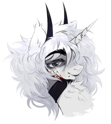 Size: 1700x1900 | Tagged: safe, artist:fluffyoddy, derpibooru import, oc, oc:dead dove, unofficial characters only, pony, unicorn, bags under eyes, blood, blood on face, chest fluff, choker, commission, demon horns, ear fluff, eyebrows, eyebrows visible through hair, eyelashes, facial markings, facial piercing, female, female oc, gray coat, gray eyes, horn, horn piercing, horns, image, jewelry, lidded eyes, lip piercing, mare, mare oc, messy hair, messy mane, piercing, png, simple background, smiling, snake bites, solo, tired eyes, unicorn oc, white background, white hair, white mane