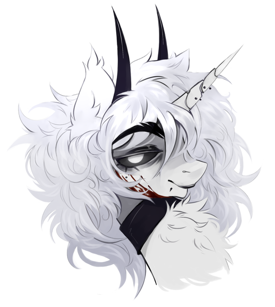 Size: 1700x1900 | Tagged: safe, artist:fluffyoddy, derpibooru import, edit, oc, oc:dead dove, unofficial characters only, pony, unicorn, bags under eyes, black sclera, blood, blood on face, chest fluff, choker, commission, demon horns, ear fluff, eyebrows, eyebrows visible through hair, eyelashes, facial markings, facial piercing, female, female oc, glow, glowing eyes, gray coat, horn, horn piercing, horns, image, jewelry, lidded eyes, lip piercing, mare, mare oc, messy hair, messy mane, piercing, png, simple background, smiling, snake bites, solo, tired eyes, unicorn oc, white background, white hair, white mane