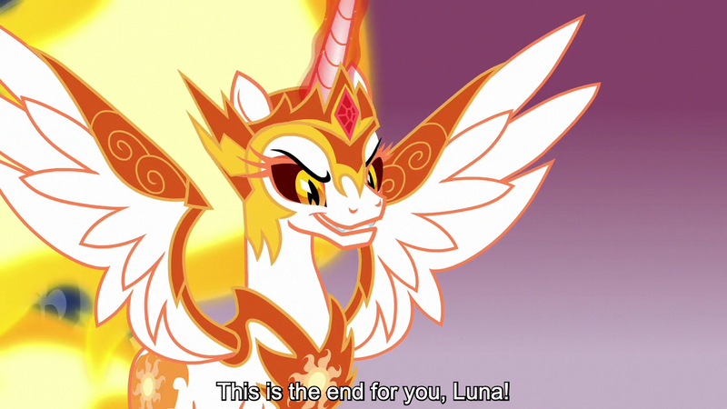 Size: 1280x720 | Tagged: safe, derpibooru import, edit, edited screencap, editor:jaredking779, screencap, daybreaker, alicorn, pony, a royal problem, season 7, armor, caption, female, g4, glow, glowing horn, grin, horn, image, jpeg, mane of fire, mare, smiling, solo, text, wing armor, wings
