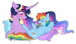 Size: 2489x1430 | Tagged: safe, artist:artistcoolpony, derpibooru import, rainbow dash, twilight sparkle, twilight sparkle (alicorn), alicorn, pegasus, pony, blushing, chest fluff, curved horn, duo, duo female, eyebrows, eyebrows visible through hair, eyes closed, female, g4, glasses, grin, horn, image, long horn, lying down, mare, on back, open mouth, open smile, pillow, png, round glasses, simple background, size difference, smiling, transparent background