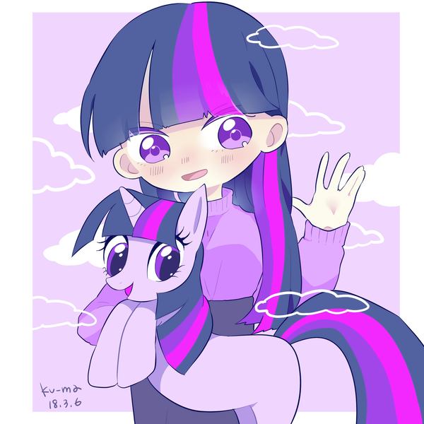 Size: 1979x1979 | Tagged: safe, artist:ku-ma, artist:kuma621g, artist:kuma621s, artist:kuma_toho621, derpibooru import, twilight sparkle, human, pony, unicorn, blush lines, blushing, cloud, cute, duo, female, g4, holding a pony, horn, human coloration, human ponidox, humanized, image, looking at you, mare, open mouth, open smile, png, self paradox, self ponidox, smiling, twiabetes, unicorn twilight, waving