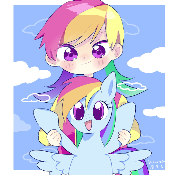 Size: 1979x1979 | Tagged: safe, artist:ku-ma, artist:kuma621g, artist:kuma621s, artist:kuma_toho621, derpibooru import, rainbow dash, human, pegasus, pony, blush lines, blushing, cloud, cute, dashabetes, duo, female, g4, holding a pony, human coloration, human ponidox, humanized, image, looking at you, mare, open mouth, open smile, png, self paradox, self ponidox, smiling