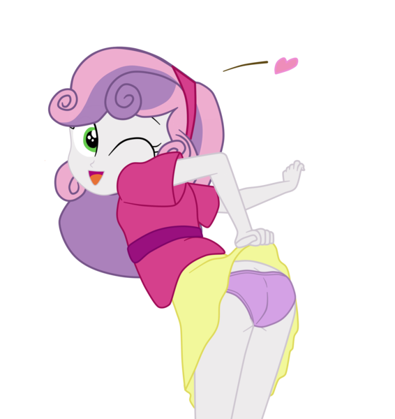 Size: 1900x2014 | Tagged: suggestive, artist:gmaplay, banned from derpibooru, derpibooru import, sweetie belle, human, equestria girls, ass, butt, clothes, emanata, female, floating heart, g4, heart, image, lolicon, looking at you, looking back, looking back at you, one eye closed, open mouth, open smile, panties, png, presenting, skirt, skirt lift, smiling, solo, sweetie butt, taunt, taunting, underage, underwear, wink, winking at you