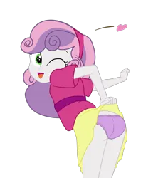 Size: 1900x2014 | Tagged: suggestive, artist:gmaplay, banned from derpibooru, derpibooru import, sweetie belle, human, equestria girls, ass, butt, clothes, emanata, female, floating heart, g4, heart, image, lolicon, looking at you, looking back, looking back at you, one eye closed, open mouth, open smile, panties, png, presenting, skirt, skirt lift, smiling, solo, sweetie butt, taunt, taunting, underage, underwear, wink, winking at you