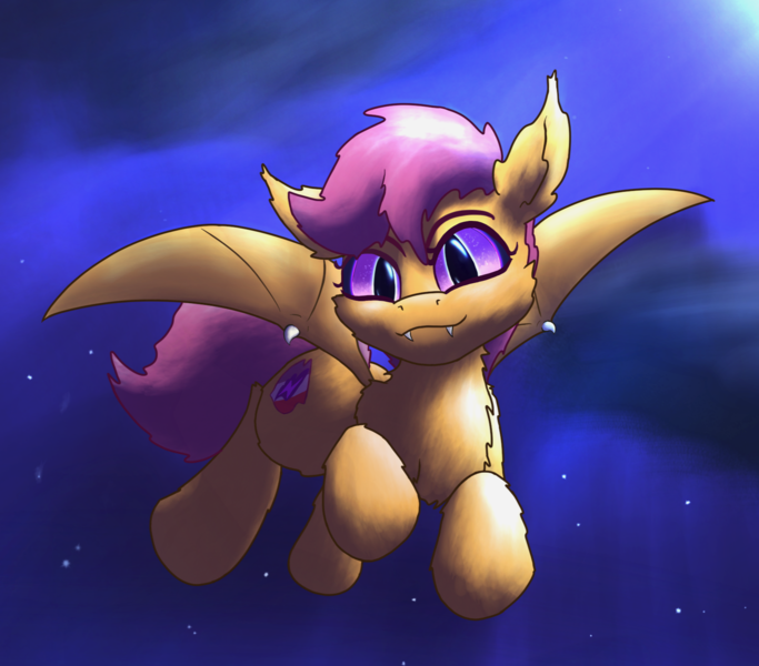 Size: 1747x1535 | Tagged: safe, artist:gosha305, derpibooru import, scootaloo, bat pony, pony, bat ponified, bat wings, cheek fluff, chest fluff, crepuscular rays, cute, digital art, ear fluff, fangs, female, fluffy, flying, full body, g4, image, looking at you, moonlight, night, night sky, png, race swap, scootabat, scootaloo can fly, sky, sky background, slit pupils, smiling, smiling at you, solo, spread wings, wings