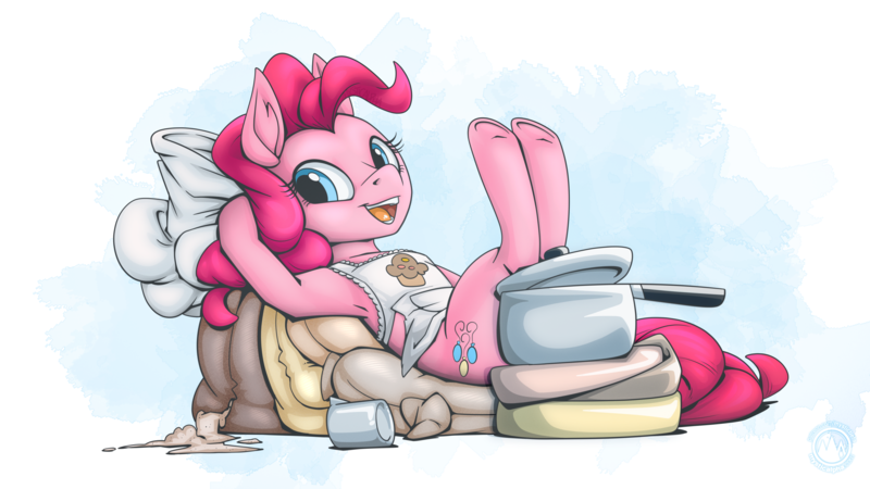 Size: 2560x1440 | Tagged: safe, artist:mysticalpha, derpibooru import, pinkie pie, earth pony, pony, apron, chef's hat, clothes, female, flour, flour sack, g4, hat, hooves behind head, image, lying down, mare, on back, open mouth, open smile, png, reclining, signature, simple background, sitting, smiling, solo, white background