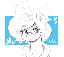 Size: 650x580 | Tagged: safe, artist:thelunarmoon, derpibooru import, oc, unofficial characters only, pony, unicorn, bust, eyebrows, eyebrows visible through hair, female, glasses, heart, horn, image, mare, partial color, passepartout, png, round glasses, simple background, smiling, solo, white background