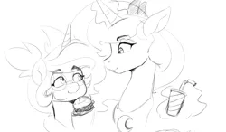 Size: 754x441 | Tagged: safe, artist:thelunarmoon, derpibooru import, princess luna, oc, alicorn, pony, unicorn, burger, bust, drink, duo, duo female, eyebrows, eyebrows visible through hair, female, food, glasses, grayscale, hoof hold, horn, image, levitation, looking at each other, looking at someone, magic, mare, monochrome, png, round glasses, simple background, sketch, smiling, smiling at each other, telekinesis, white background