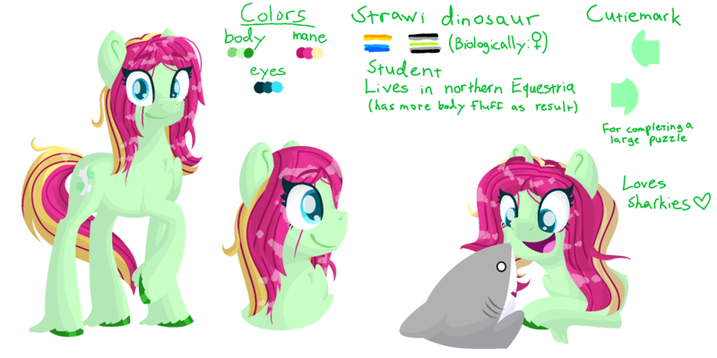 Size: 3000x1500 | Tagged: safe, artist:lindasaurie, derpibooru import, oc, oc:strawi dinosaur, unofficial characters only, earth pony, pony, shark, agender, agender pride flag, aroace pride flag, bust, chest fluff, eye clipping through hair, eyebrows, eyebrows visible through hair, full body, image, lineless, looking at you, open mouth, png, ponysona, pride, pride flag, raised hoof, reference sheet, side view, simple background, smiling, solo, transparent background, unshorn fetlocks