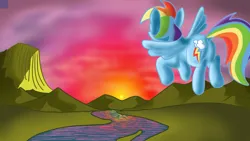 Size: 3840x2160 | Tagged: safe, artist:dhm, derpibooru import, rainbow dash, pony, cloud, digital art, flying, from behind, image, meadow, mountain, png, reflection, river, scenery, solo, sunrise, sunset, water