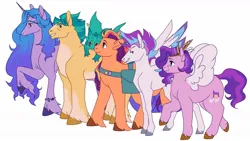 Size: 1280x720 | Tagged: safe, artist:rowankitten, derpibooru import, hitch trailblazer, izzy moonbow, pipp petals, sparky sparkeroni, sunny starscout, zipp storm, dragon, earth pony, pegasus, unicorn, g5, 2d, fanart, horn, image, jpeg, raised hoof, smiling, standing