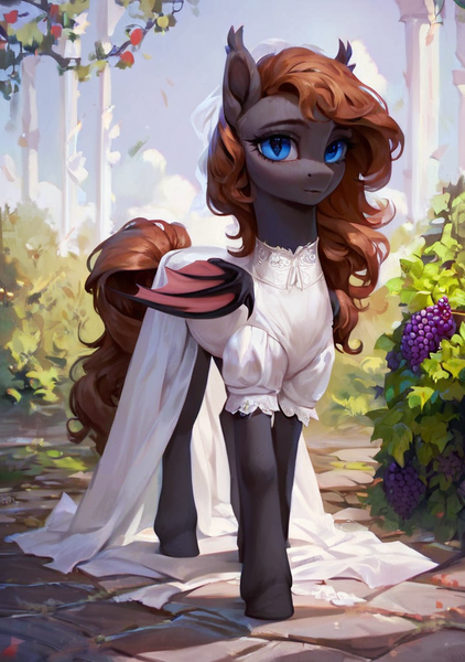 Size: 720x1024 | Tagged: safe, ai content, derpibooru import, machine learning generated, prompter:radioglitch, stable diffusion, oc, unofficial characters only, bat pony, clothes, dress, female, generator:pony diffusion v6 xl, image, png, solo, wedding dress