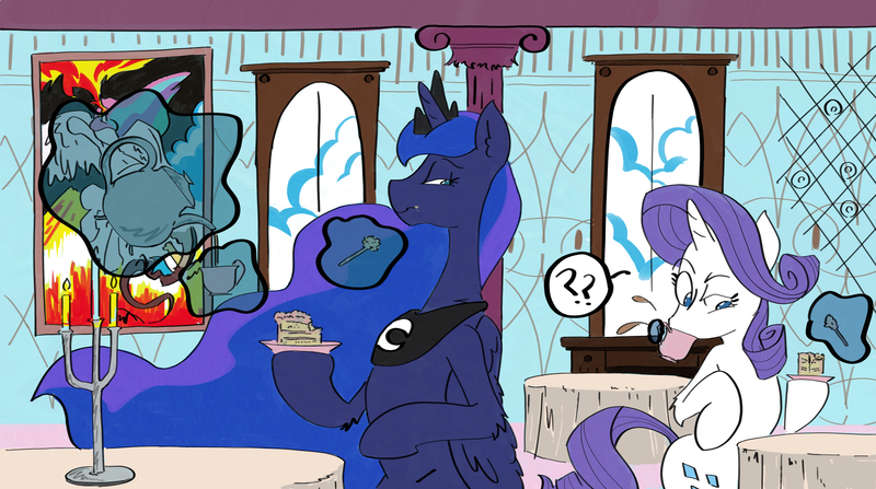 Size: 4800x2684 | Tagged: safe, artist:ponny, derpibooru import, discord, princess celestia, princess luna, rarity, earth pony, pony, unicorn, cake, candelabra, colored, cup, food, fork, horn, image, magic, png, speech bubble, table, teacup, teapot, telekinesis