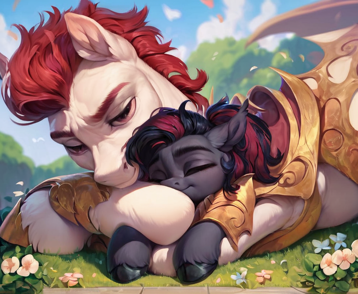 Size: 1024x840 | Tagged: safe, ai content, derpibooru import, machine learning generated, stable diffusion, oc, unofficial characters only, bat pony, earth pony, pony, armor, female, filly, foal, generator:pony diffusion v6 xl, hug, image, male, male and female, png