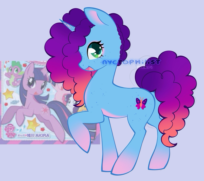 Size: 1830x1630 | Tagged: safe, artist:nyctophilist, derpibooru import, applejack, pinkie pie, rarity, spike, twilight sparkle, dragon, pony, unicorn, g5, my little pony: make your mark, my little pony: tell your tale, afro mane, blue coat, coat markings, cornrows, derpibooru exclusive, fluffy mane, g4, gradient horn, gradient mane, green eyes, horn, horn markings, image, manga, misty brightdawn, png, purple coat, purple mane, raised leg, rebirth misty, socks (coat marking), solo