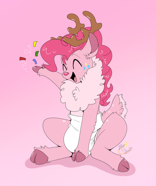 Size: 1756x2099 | Tagged: suggestive, artist:maynara, derpibooru import, pinkie pie, deer, alternative cutie mark placement, confetti, deerie pie, diaper, diaper fetish, eyes closed, facial cutie mark, fetish, image, open mouth, open smile, png, smiling, solo, species swap