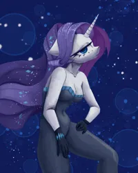 Size: 2000x2500 | Tagged: safe, artist:anastas, derpibooru import, rarity, anthro, pony, unicorn, equestria girls, equestria girls series, the other side, abstract background, bare shoulders, beautiful, belly button, bodysuit, breasts, busty rarity, cleavage, clothes, eyelashes, eyeshadow, female, floppy ears, flowing mane, g4, gem, gemstones, gloves, hand on hip, horn, image, jojo pose, lidded eyes, looking at you, makeup, png, sexy, solo, sternocleidomastoid, strapless, stupid sexy rarity, unitard