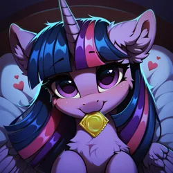 Size: 1024x1024 | Tagged: suggestive, ai content, derpibooru import, machine learning generated, prompter:zzz1247, twilight sparkle, twilight sparkle (alicorn), alicorn, pony, bed, bedroom, cheek fluff, chest fluff, condom, condom in mouth, cute, ear fluff, floating heart, heart, image, looking at you, mouth hold, png, solo, twiabetes