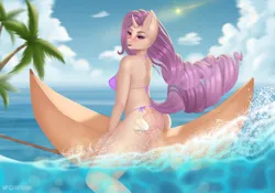 Size: 2294x1606 | Tagged: suggestive, artist:saardequeen, derpibooru import, oc, unofficial characters only, anthro, bikini, blush lines, blushing, breasts, clothes, female, image, jpeg, looking at you, looking back, looking back at you, ocean, open mouth, open smile, smiling, solo, solo female, swimsuit, tattoo, water