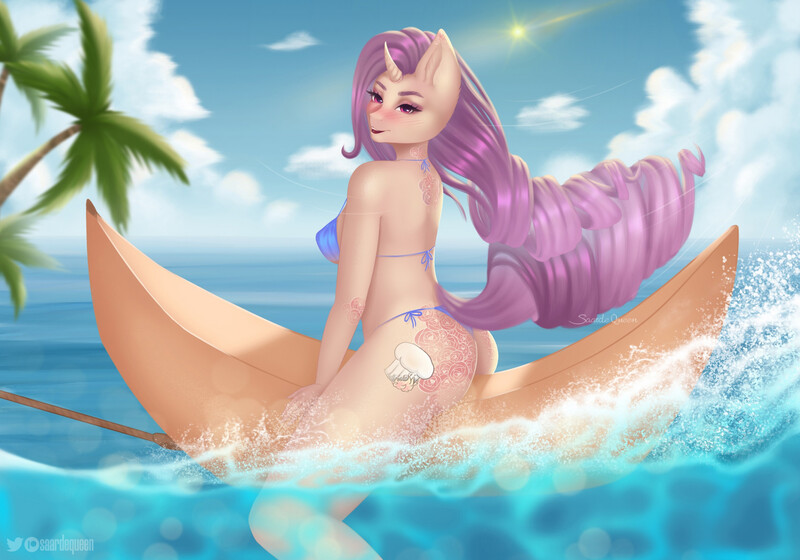 Size: 2294x1606 | Tagged: suggestive, alternate version, artist:saardequeen, derpibooru import, oc, unofficial characters only, anthro, bikini, blush lines, blushing, breasts, clothes, female, image, jpeg, looking at you, looking back, looking back at you, ocean, open mouth, open smile, smiling, solo, solo female, swimsuit, tattoo, water