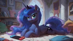 Size: 1920x1080 | Tagged: safe, ai content, derpibooru import, machine learning generated, prompter:truekry, stable diffusion, princess luna, alicorn, pony, gamer luna, bed, bedroom, chest fluff, day, g4, generator:pony diffusion v6 xl, image, looking at you, lying down, nintendo switch, on bed, png, prone, smiling, smiling at you, wallpaper