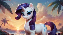 Size: 1920x1080 | Tagged: safe, ai content, derpibooru import, machine learning generated, prompter:truekry, stable diffusion, rarity, pony, unicorn, beach, cute, g4, generator:pony diffusion v6 xl, horn, image, looking at you, palm tree, png, smiling, smiling at you, solo, sunset, tree, wallpaper