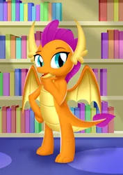 Size: 2480x3508 | Tagged: safe, artist:leonkay, derpibooru import, smolder, dragon, book, hand on chin, image, library, png, solo, spread wings, wings