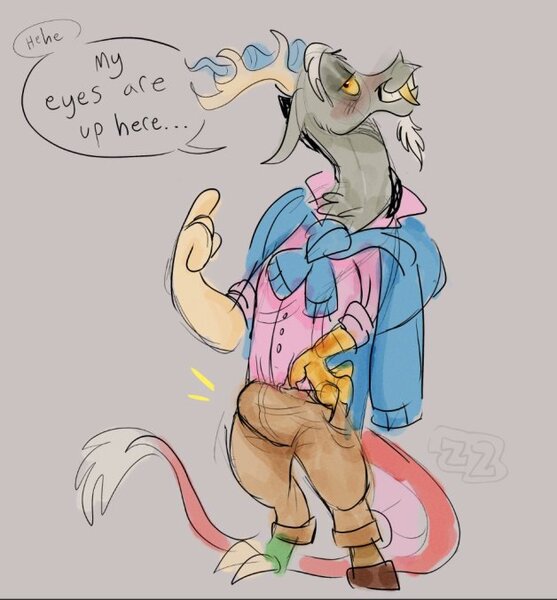 Size: 628x676 | Tagged: questionable, artist:tiredtizzy, derpibooru import, discord, draconequus, blushing, clothes, crotch bulge, dialogue, gray background, image, jpeg, laughing, male, pants, pointing at self, shirt, simple background, solo, speech bubble, standing, sweater