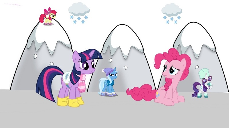 Size: 1080x603 | Tagged: safe, screencap, apple bloom, pinkie pie, rarity, trixie, twilight sparkle, earth pony, pony, unicorn, series:mlp animation's short films, series:pinkie's sneezing day, image, jpeg, mountain, sad, snow