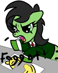 Size: 2703x3412 | Tagged: safe, artist:scandianon, derpibooru import, oc, oc:anonfilly, unofficial characters only, pony, angry, clothes, faggot, female, filly, floppy ears, foal, furrowed brow, image, necktie, open mouth, png, pointing, puzzle, scrunchy face, simple background, slur, suit, table, vulgar, white background, yelling
