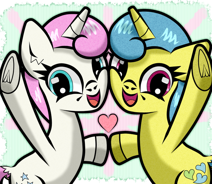 Size: 1500x1300 | Tagged: safe, artist:scandianon, derpibooru import, lemon hearts, twinkleshine, pony, unicorn, female, heart, holding hooves, horn, image, looking at you, mare, open mouth, open smile, png, raised hoof, smiling, smiling at you