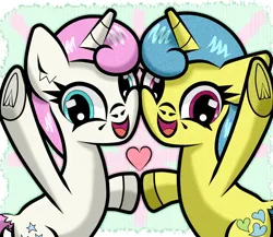 Size: 1500x1300 | Tagged: safe, artist:scandianon, derpibooru import, lemon hearts, twinkleshine, pony, unicorn, female, heart, holding hooves, horn, image, looking at you, mare, open mouth, open smile, png, raised hoof, smiling, smiling at you