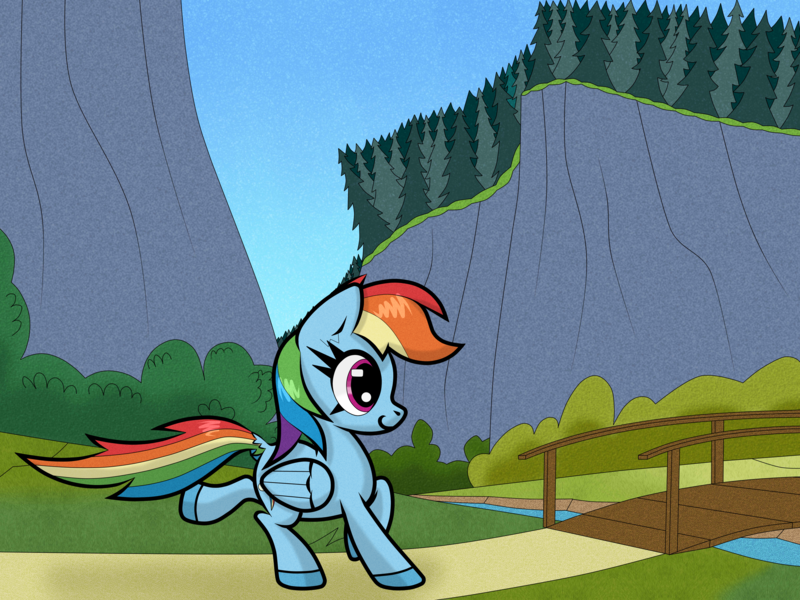 Size: 4000x3000 | Tagged: safe, artist:scandianon, derpibooru import, rainbow dash, pegasus, pony, bridge, bush, cliff, female, happy, image, mare, outdoors, png, river, running, smiling, tree, water
