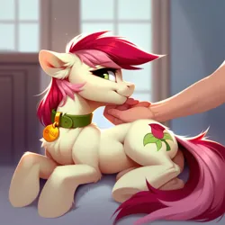 Size: 1024x1024 | Tagged: safe, ai content, derpibooru import, machine learning generated, prompter:doom9454, stable diffusion, roseluck, human, pony, behaving like a cat, collar, cute, fluffy, generator:pony diffusion v6 xl, hand, image, jpeg, lying down, offscreen character, offscreen human, pet tag, petting, pony pet, rosepet