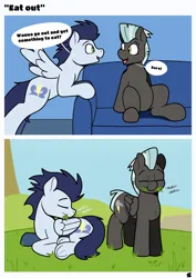 Size: 2480x3508 | Tagged: safe, artist:sefastpone, derpibooru import, soarin', thunderlane, pegasus, pony, comic, couch, dialogue, duo, eating, eyes closed, grass, grazing, horses doing horse things, image, implied gay, male, outdoors, png, speech bubble, stallion, underhoof