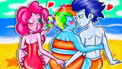 Size: 1280x720 | Tagged: safe, artist:annie english, derpibooru import, pinkie pie, rainbow dash, soarin', human, equestria girls, bbw, beach, blushing, fat, female, g4, heart, hug, image, jpeg, male, ocean, one eye closed, rainblob dash, trio, water, wink, youtube link, youtube thumbnail