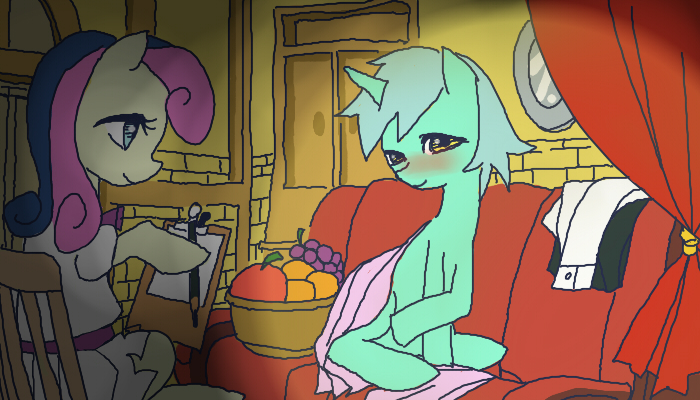 Size: 700x400 | Tagged: safe, artist:lentoto, derpibooru import, bon bon, lyra heartstrings, sweetie drops, earth pony, unicorn, blushing, draw me like one of your french girls, drawing, fruit, g4, horn, image, jpeg